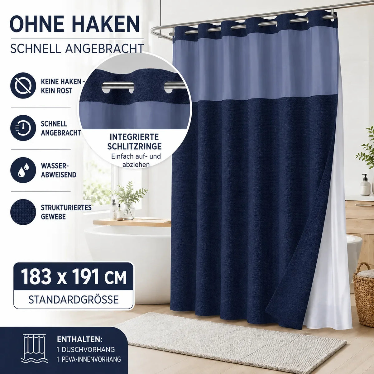 Duschvorhang-Set mit abnehmbarem Innenvorhang – Produktansicht 3